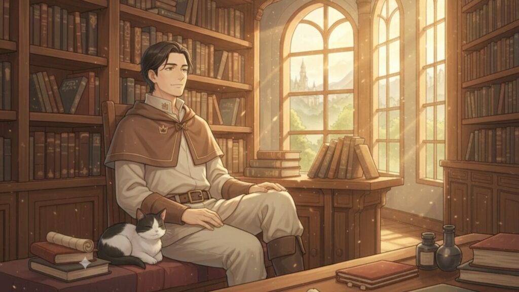 図書室で本を読みながら猫と過ごすリクルド（アサネコ王国の旅する書庫番）