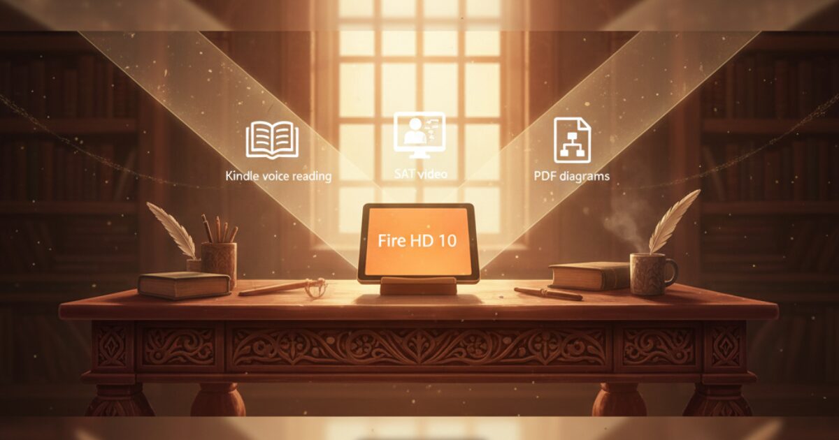 Fire HD 10 を使って、ウォーキングマシンの上でKindleと動画学習に集中しているあさねこ家の朝活イラスト