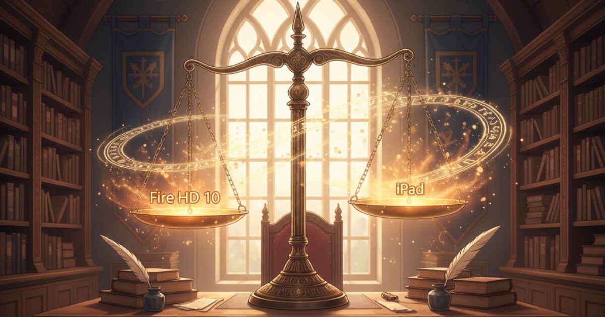 Fire HD 10 と iPad の特徴を天秤で比較しているアサネコ王国のイラスト