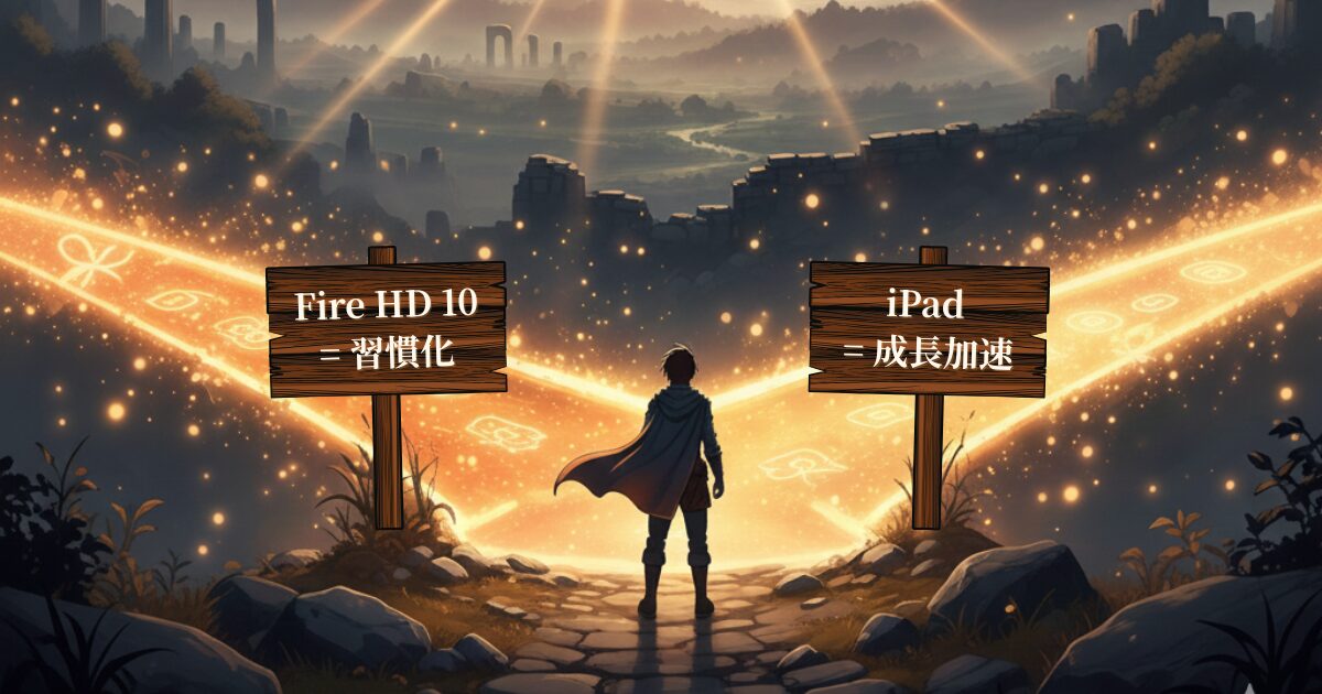 Fire HD 10 と iPad の分かれ道で、自分に合う朝活ルートを選ぼうとしている旅人リクルドのイラスト