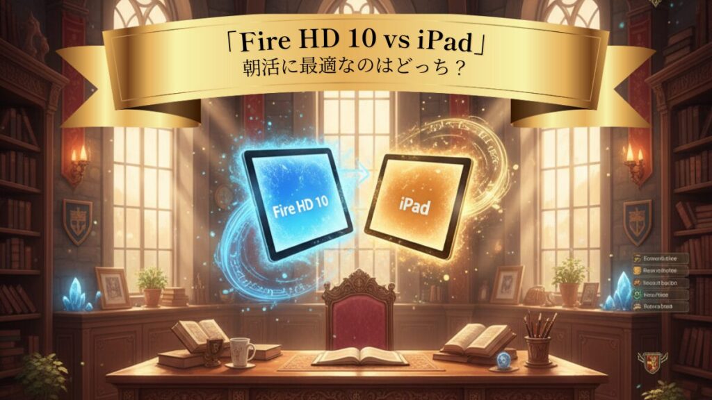 Fire HD 10 と iPad を魔法の比較として並べた朝活RPG風アイキャッチ画像
