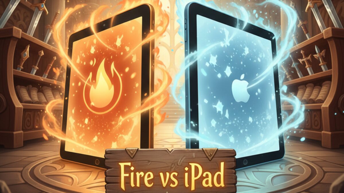 Fire HD と iPad を魔法のオーラが包む、朝活向けタブレット比較イメージ。