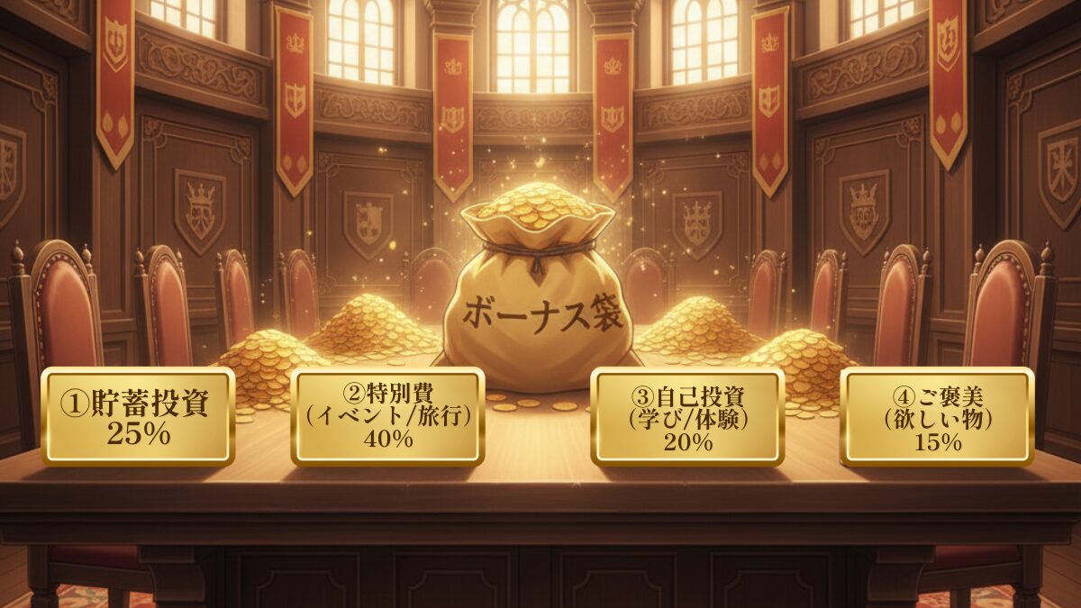 ボーナスを4つの用途にバランス配分した図（生活費補填/自己投資/家族の思い出/未来投資）