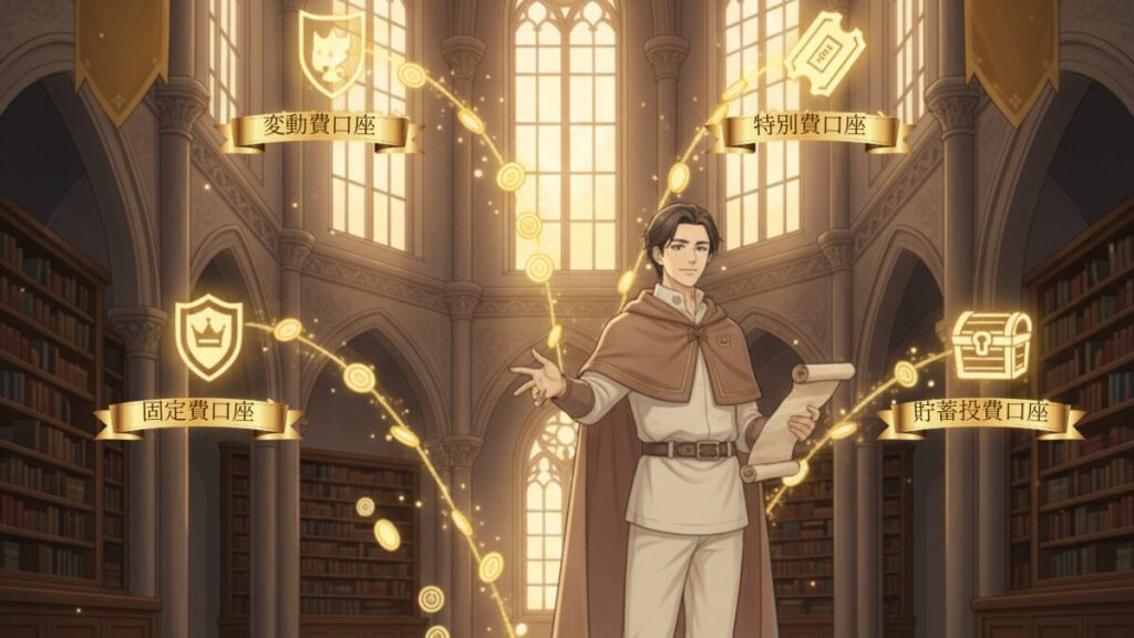 給与日の自動フローで資産が自動的に積み上がるイメージ図（アサネコ王国）