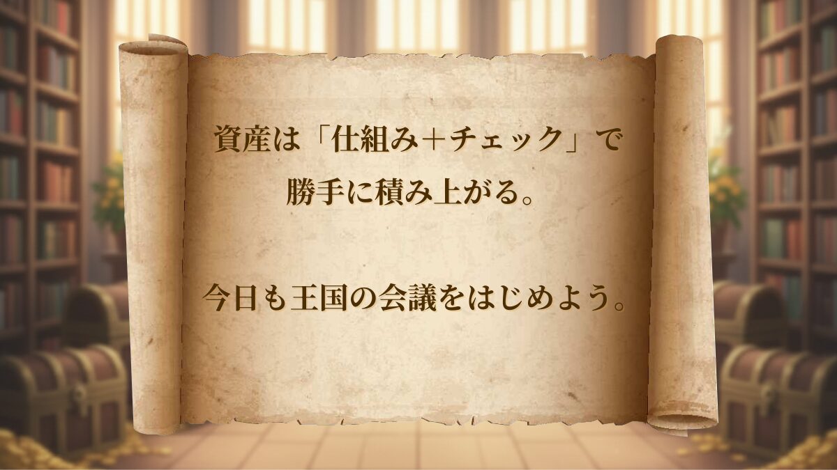 資産は仕組みとチェックで勝手に積み上がる、というメッセージの巻物イラスト（Asaneko Kingdom）