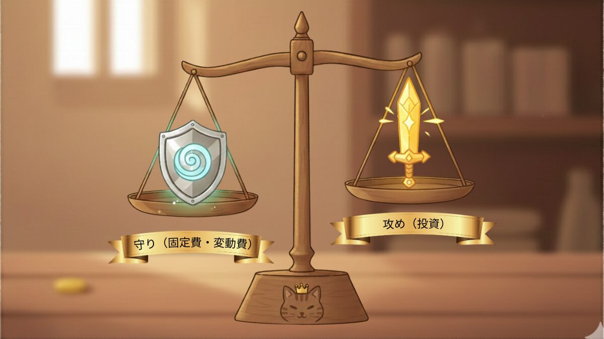 家計の守りと攻めのバランスを示すQGS比率（守り3：攻め1）の図解｜アサネコ王国