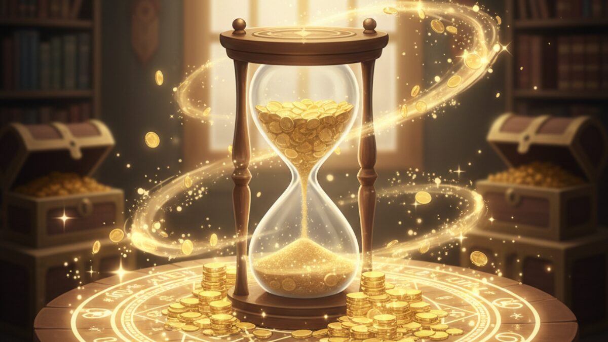 複利効果により資産が時間とともに加速して増えていくイメージ図｜アサネコ王国