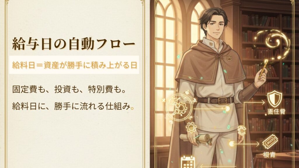 給料日の自動フローを設計するリクルド（アサネコ王国の黒白猫キャラクター）