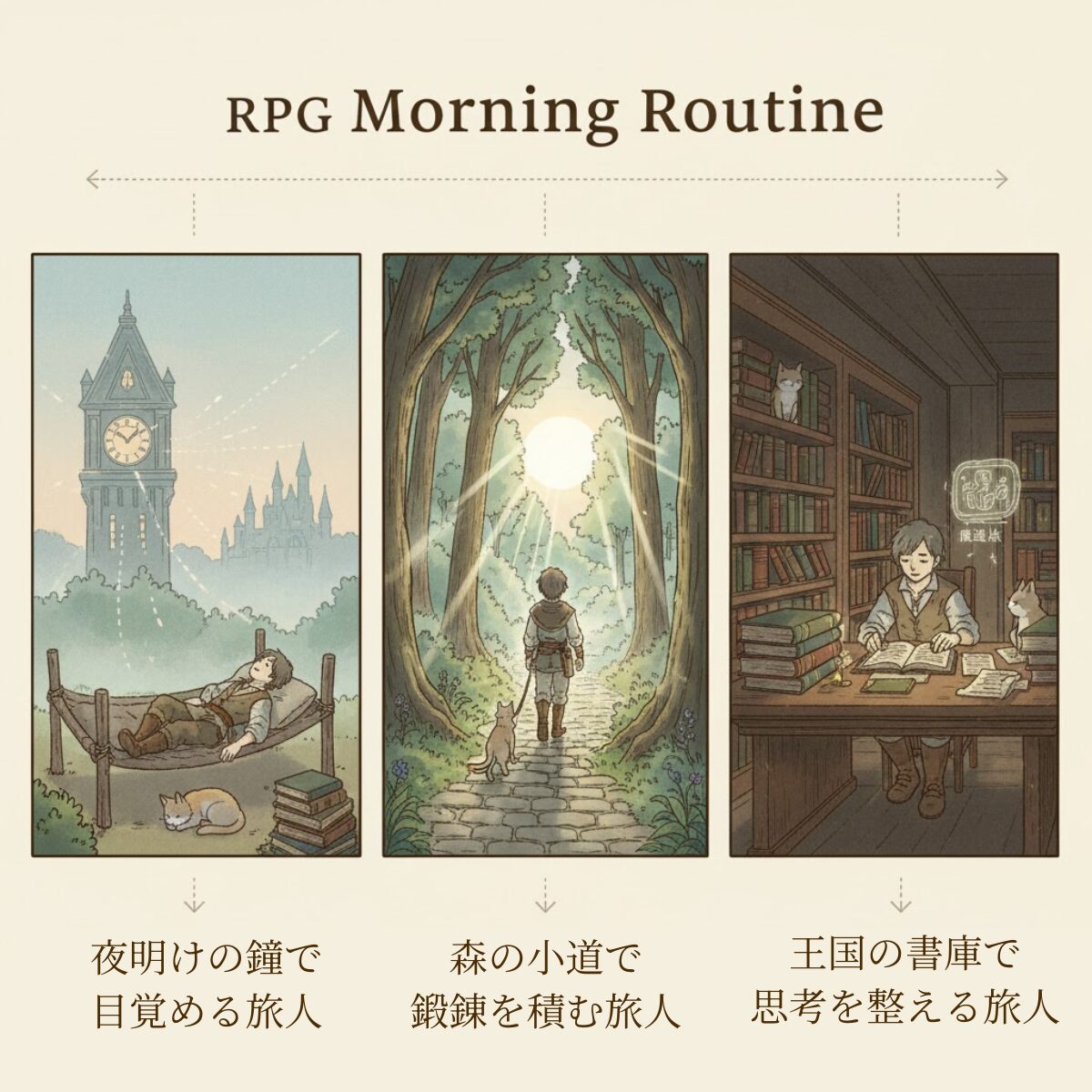 夜明けに目覚め、森を歩き、王国の書庫で学ぶ朝活RPGの行動ルーティンを描いたイラスト