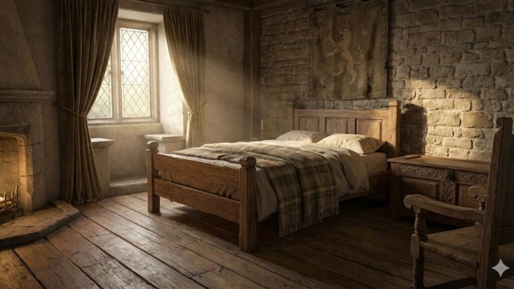 王国の寝室をイメージした石造りの部屋と木製ベッド。回復を重視した睡眠環境の象徴。