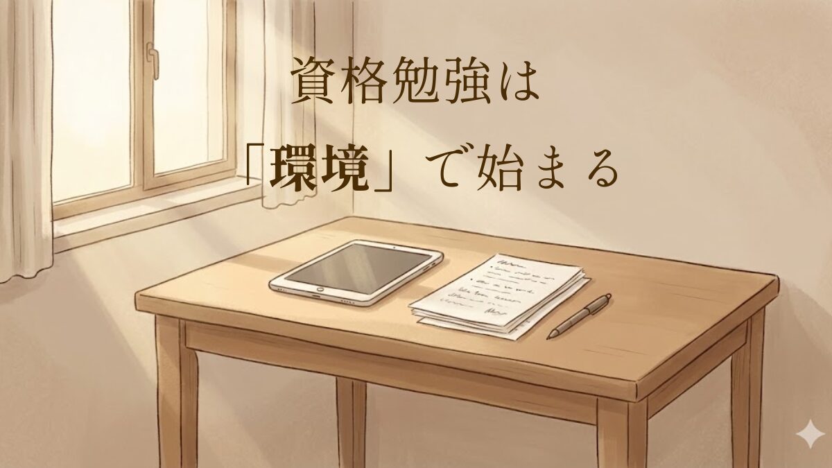朝の穏やかな光が差し込む机の上にタブレット・紙・ペンが置かれた資格勉強の環境イメージ