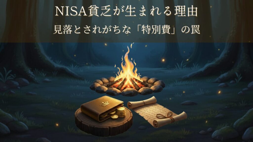 焚き火の前に置かれた財布と巻物を背景に「NISA貧乏が生まれる理由」と書かれたアイキャッチ