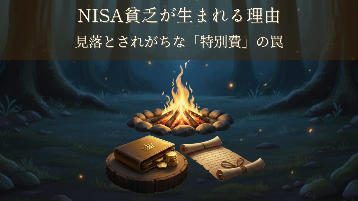 焚き火の前に置かれた財布と巻物を背景に「NISA貧乏が生まれる理由」と書かれたアイキャッチ