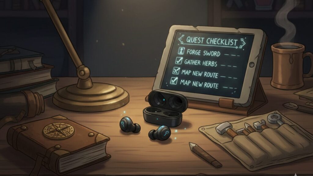 朝4時の作業台でクエスト前の装備を整えるイヤホンのイラスト