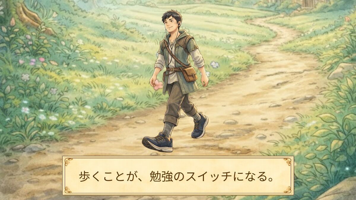 歩きながら勉強を続けるための靴を表現した朝活イラスト