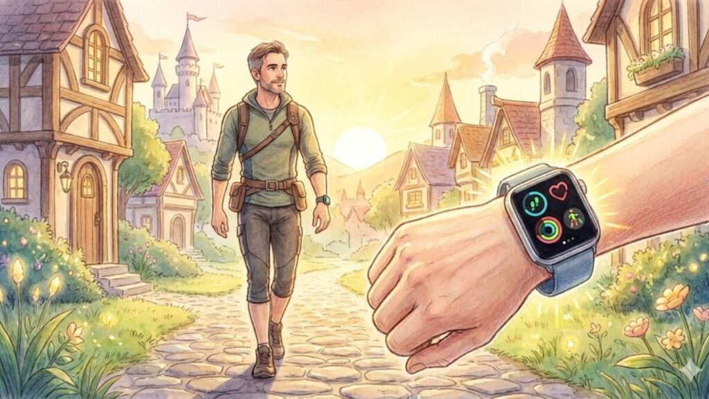 ウォーキングを続ける40代男性とApple Watch。努力の成果を健康データで可視化するイメージ。