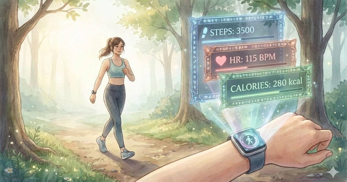 ウォーキング中にApple Watchで活動量を確認する冒険者のイラスト