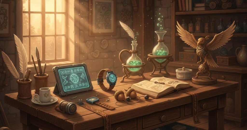 朝活を支える道具が並ぶ、道具屋シリーズ装備台帳の拠点イメージ