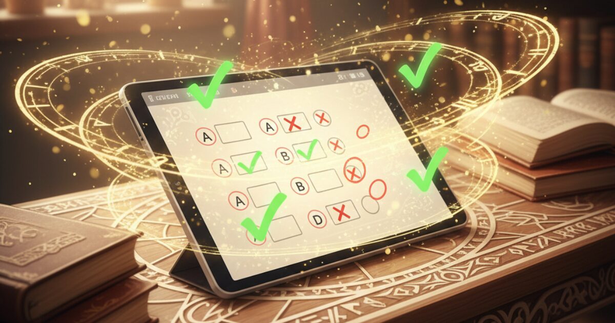 タブレットで過去問を解き、チェックマークがついている画面。学習の進捗を可視化したイラスト。