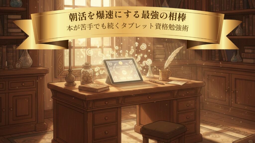 朝の光が差し込む書斎でタブレットが光る様子。朝活で学習に集中できる環境を象徴したイメージ。