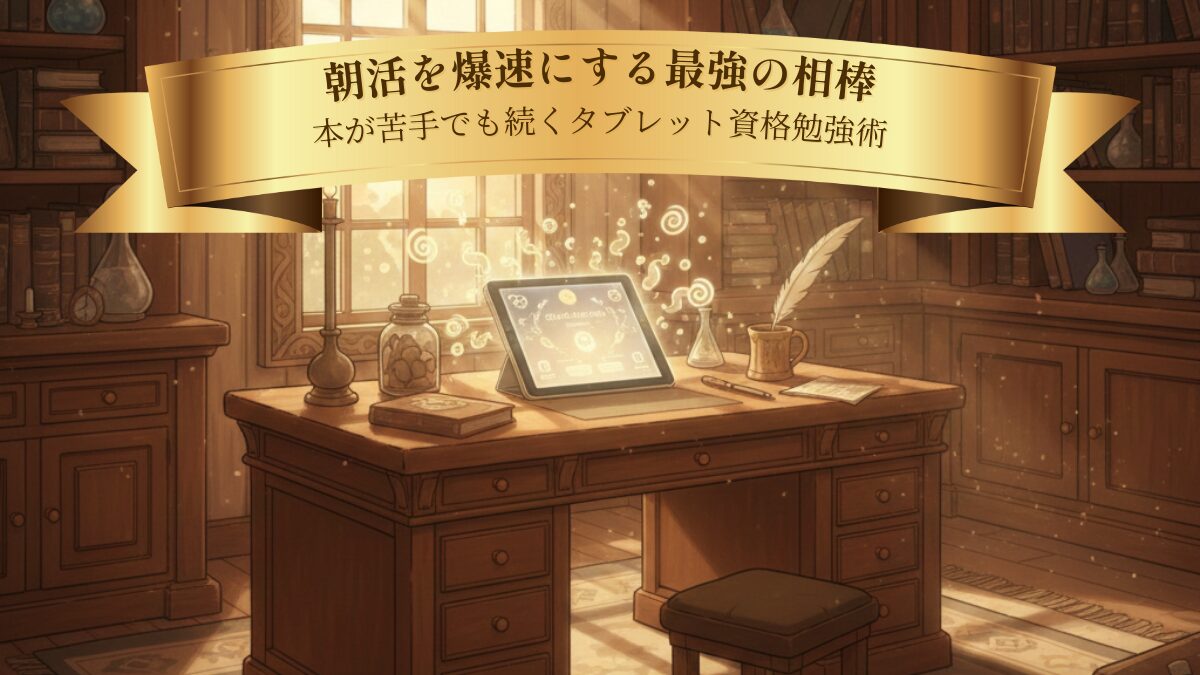 朝の光が差し込む書斎でタブレットが光る様子。朝活で学習に集中できる環境を象徴したイメージ。