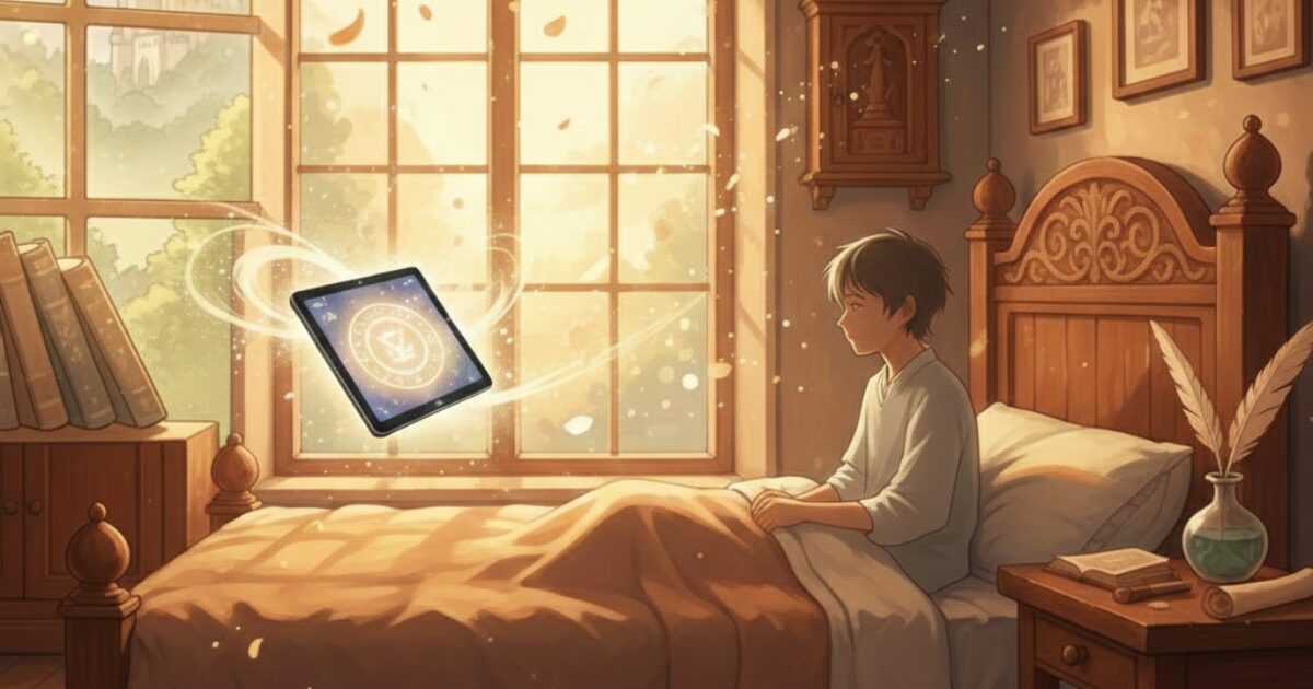 朝4時にベッドで目覚め、タブレットの光とともに朝活を始める男性のイラスト。