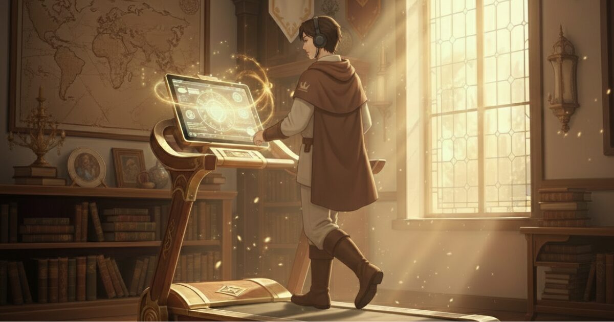 ウォーキングマシンに乗り、タブレットで学習を進める男性。朝活で運動と勉強を組み合わせる様子。