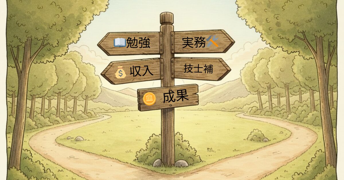 1級管工事施工管理技士補が立つ、勉強・実務・収入・成果へ分かれる分岐点のイメージ