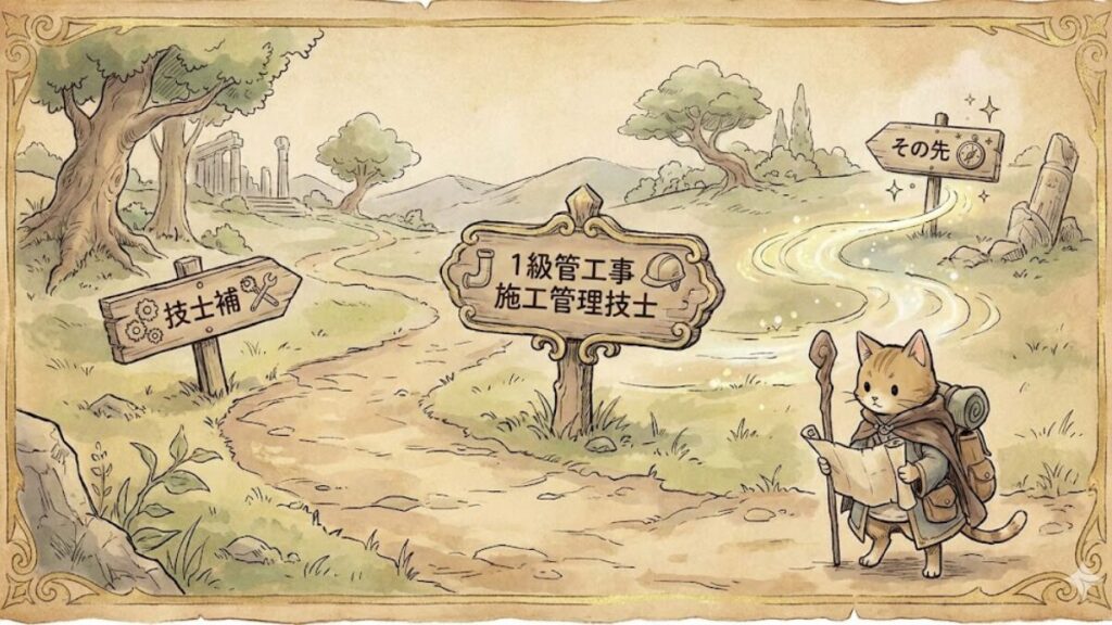 1級管工事施工管理技士補から技士へ進む資格ルートを描いた地図イラスト