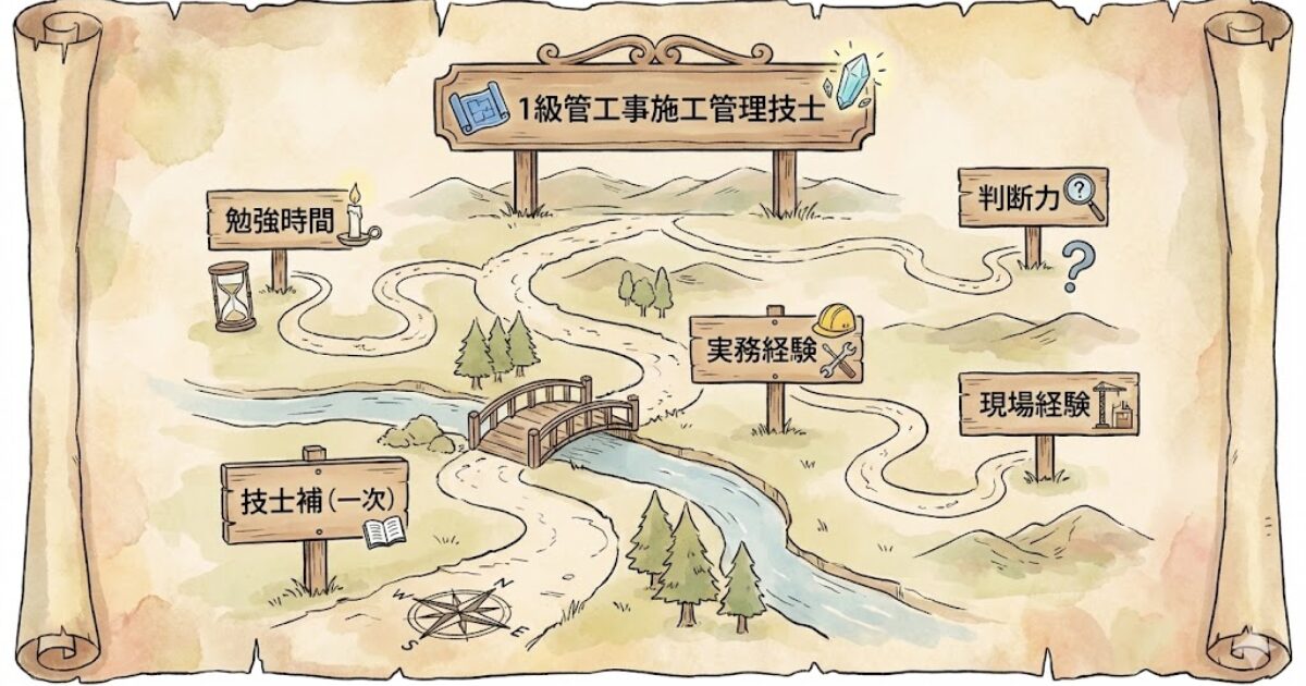 1級管工事施工管理技士補から技士へ進む資格ルートの地図イラスト