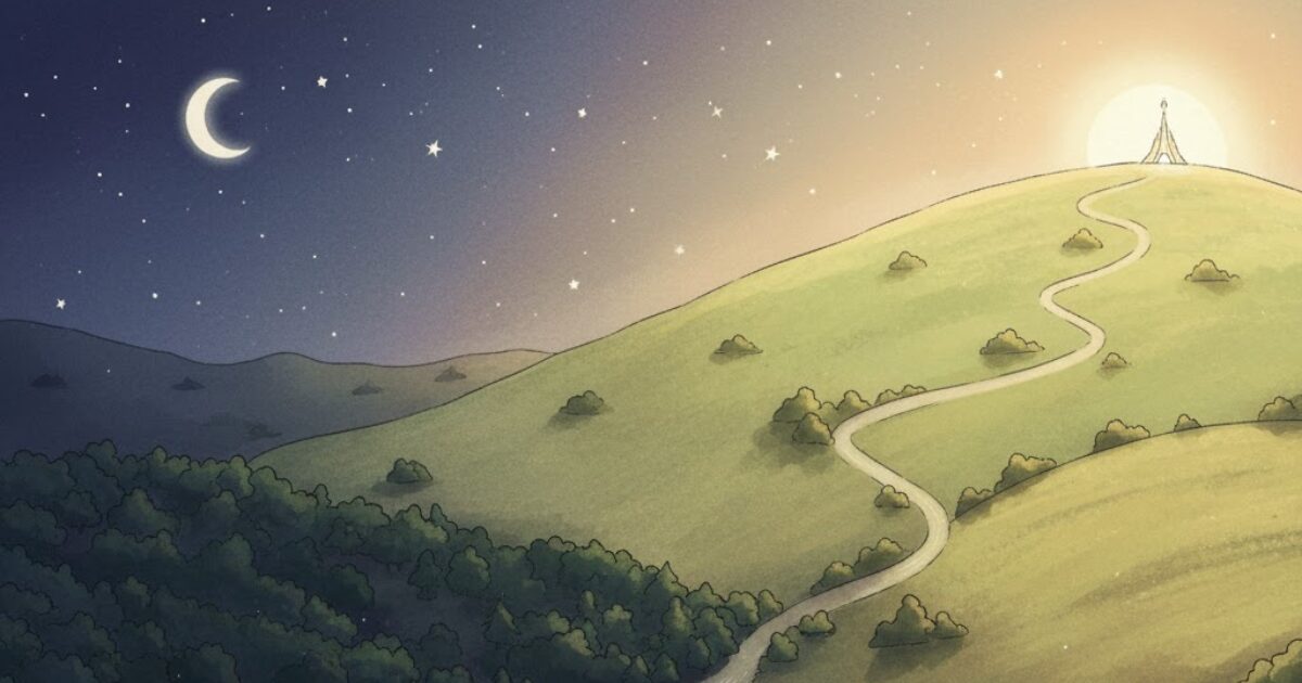 夜の谷から朝の高地へ続く一日の地形