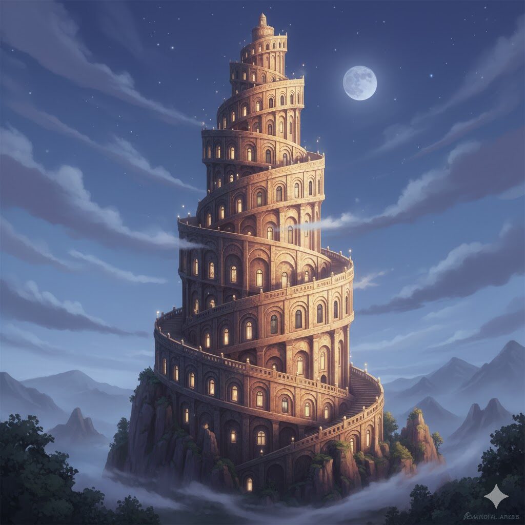 学びが螺旋状に積み上がり視点が高くなる知恵の塔のイメージ