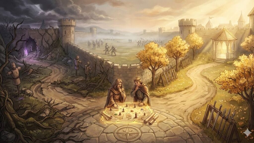 第二種電気工事士の難易度は配置で変わることを表した王国風イメージ