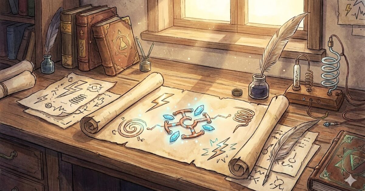 第二種電気工事士の学科でつまずきやすいポイントを表した王国風勉強机イメージ