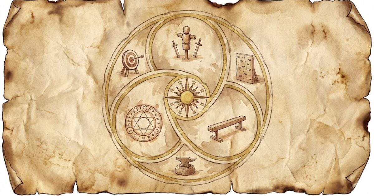 13課題を3周回して技能を仕上げる練習設計を表した王国風ループ地図