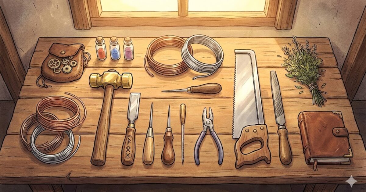 技能試験で使う工具と材料を迷わないセットとして整えた王国風イメージ