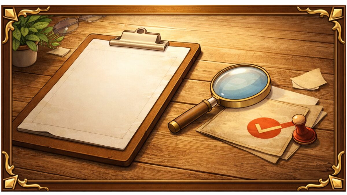 試験の出題形式を確認するイメージ（クリップボードと虫眼鏡）