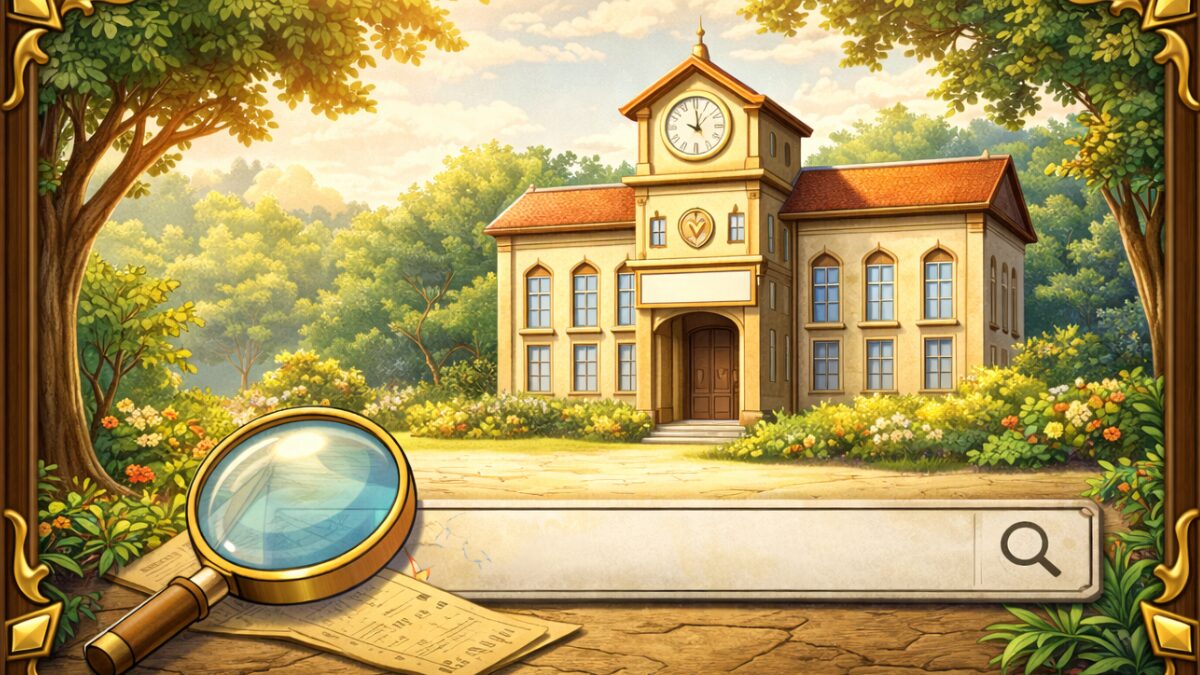 自治体の試験情報を探すイメージ（役所と検索のモチーフ）