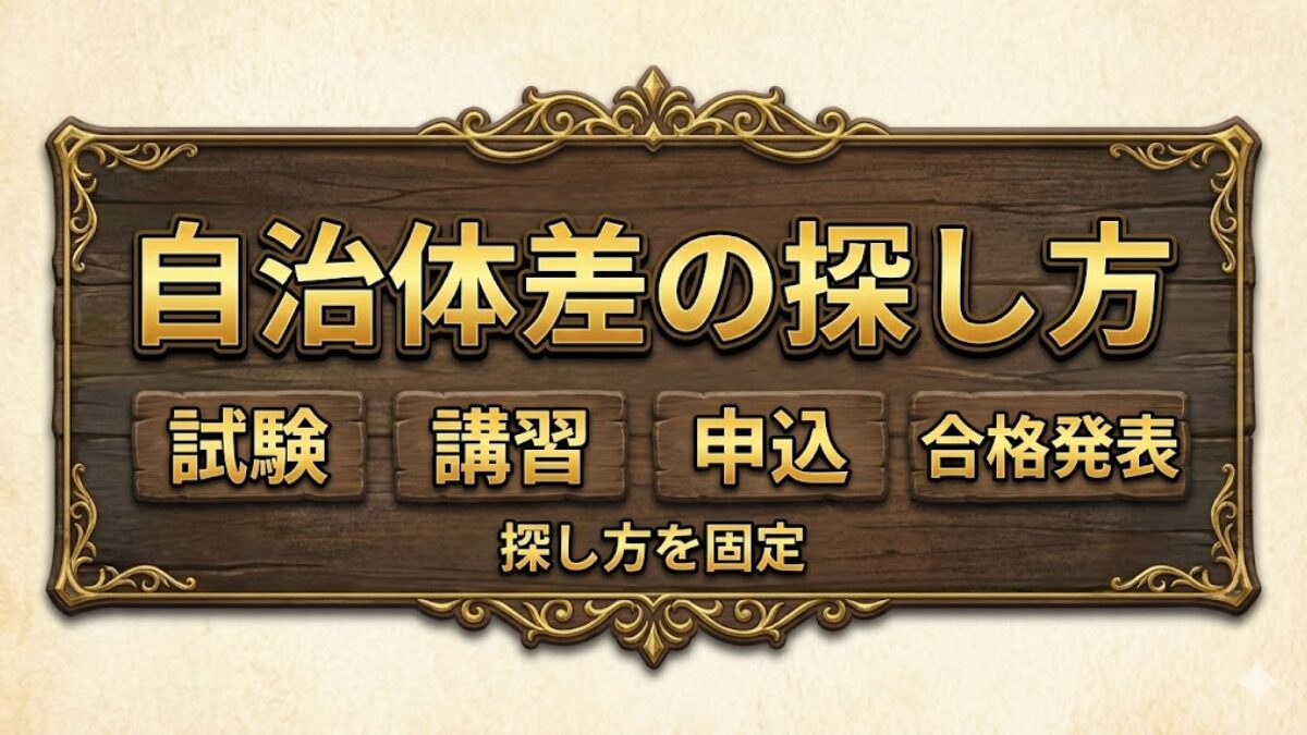 自治体差の探し方テンプレ（試験日・講習・申込・合格発表）
