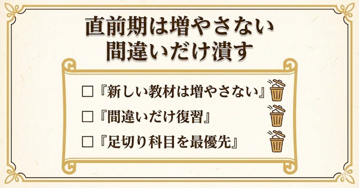 直前期は新しいことを増やさず間違いを消す（足切り優先）