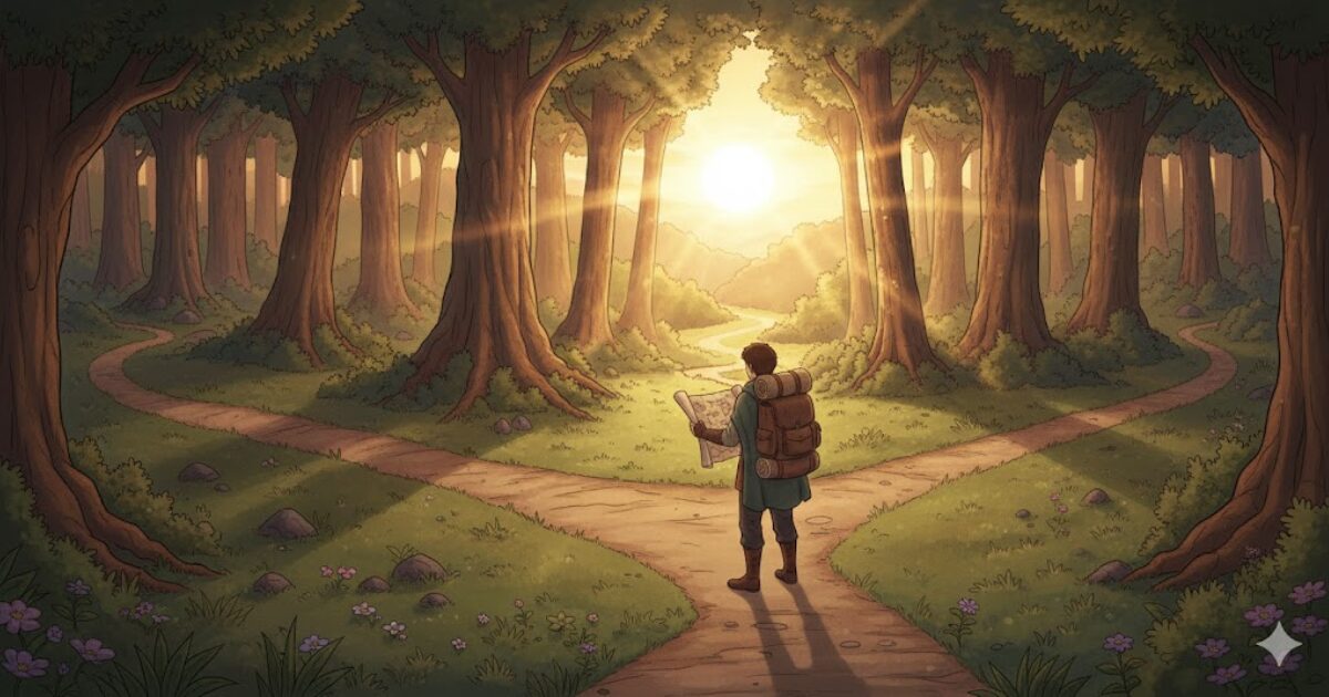 短期集中型とコツコツ型、それぞれの道を選ぶ分岐路を王国風に描いたイメージ