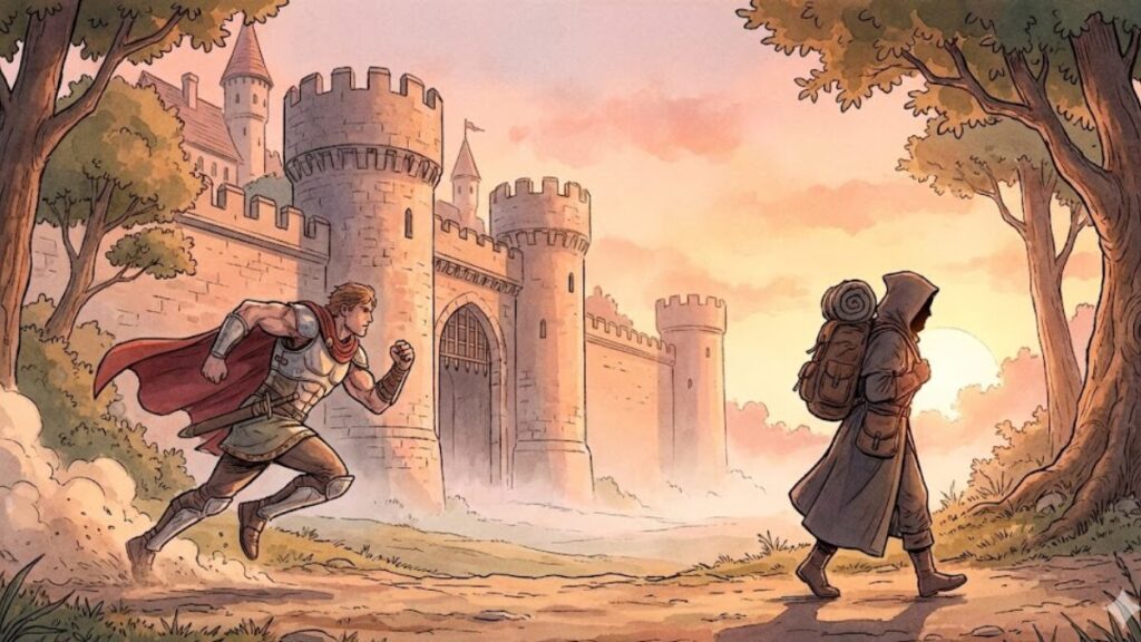 短期集中型とコツコツ型、異なる戦い方を象徴する王国風イラスト