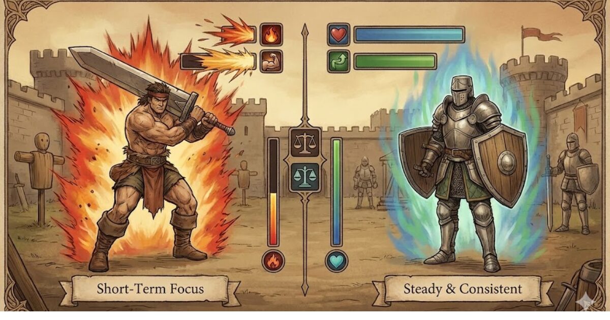 短期集中型（スプリンター）とコツコツ型（マラソン型）の違いを王国風に比較した図解