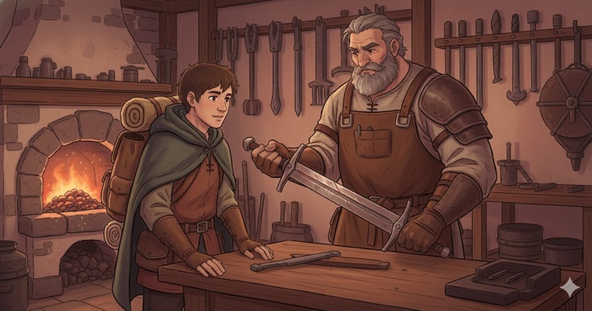 朝活で学習を回して資格という武器を強化していく様子を王国風に表現したイラスト