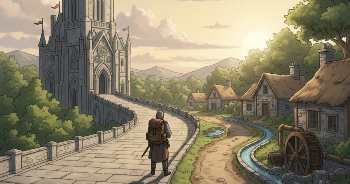 王国の分岐路に立ち、才能ではなく戦術で進む道を選ぶ旅人の姿