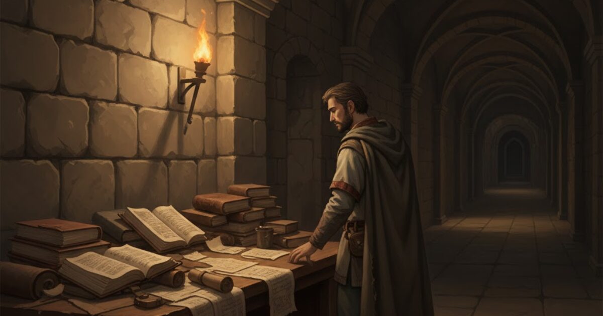 王国のギルドで帳簿と責任に追われ、戦い方の違いに気づき始めた旅人の姿