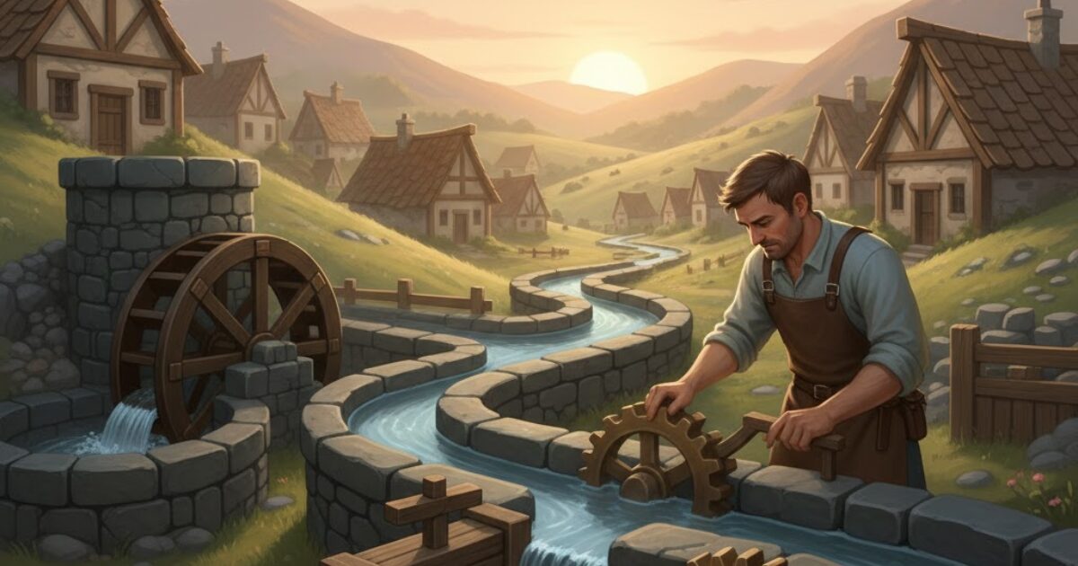 王国の生活を支える水路と仕組みを整える職人の仕事を描いたイラスト