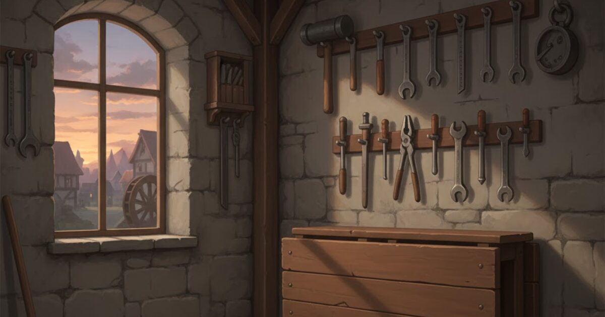 王国の小さな作業場が夕暮れに静かに閉じられる、人生の転機を象徴した場面