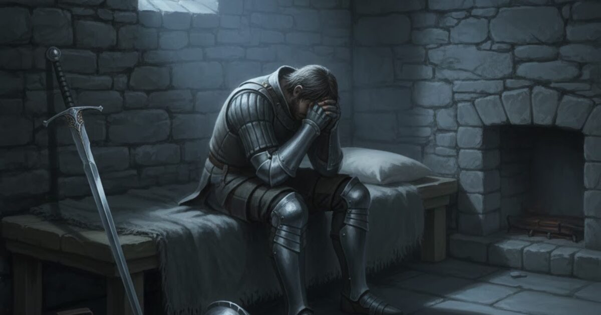 営業ノルマに追われ続け、疲労が抜けない感覚を王国の夜明け前で表現したイラスト