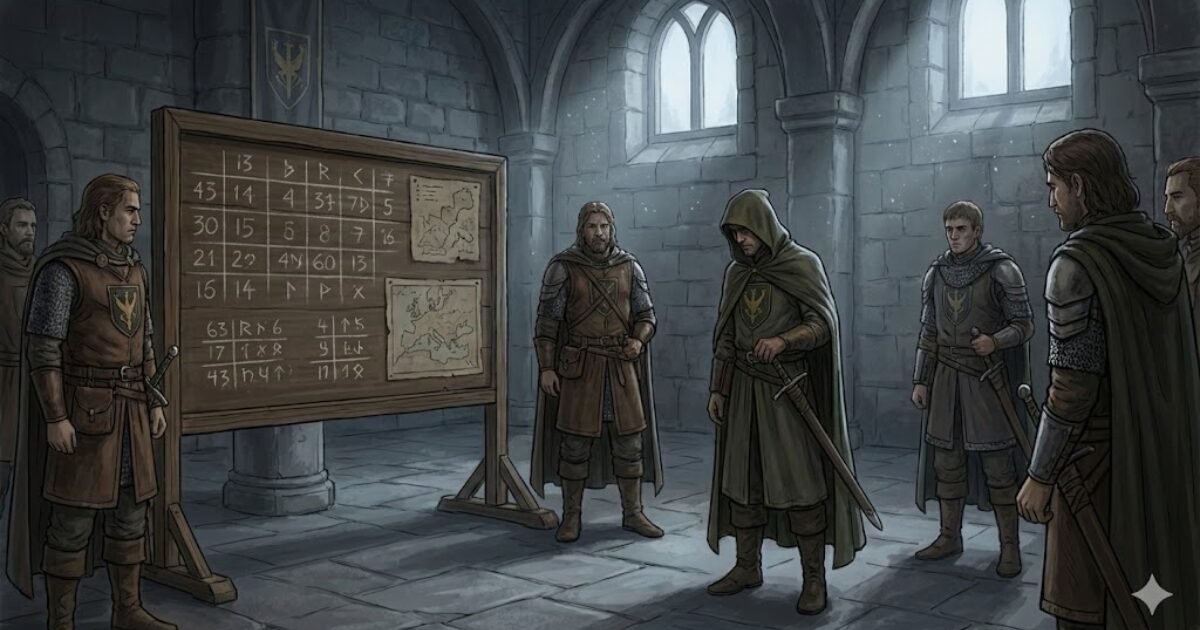 王国のギルドで数字が共有され、空気が重くなる朝の集まりを描いたイラスト